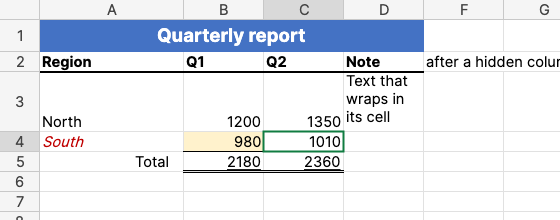 A sheet with styles, a merged title, wrapped text and a hidden column